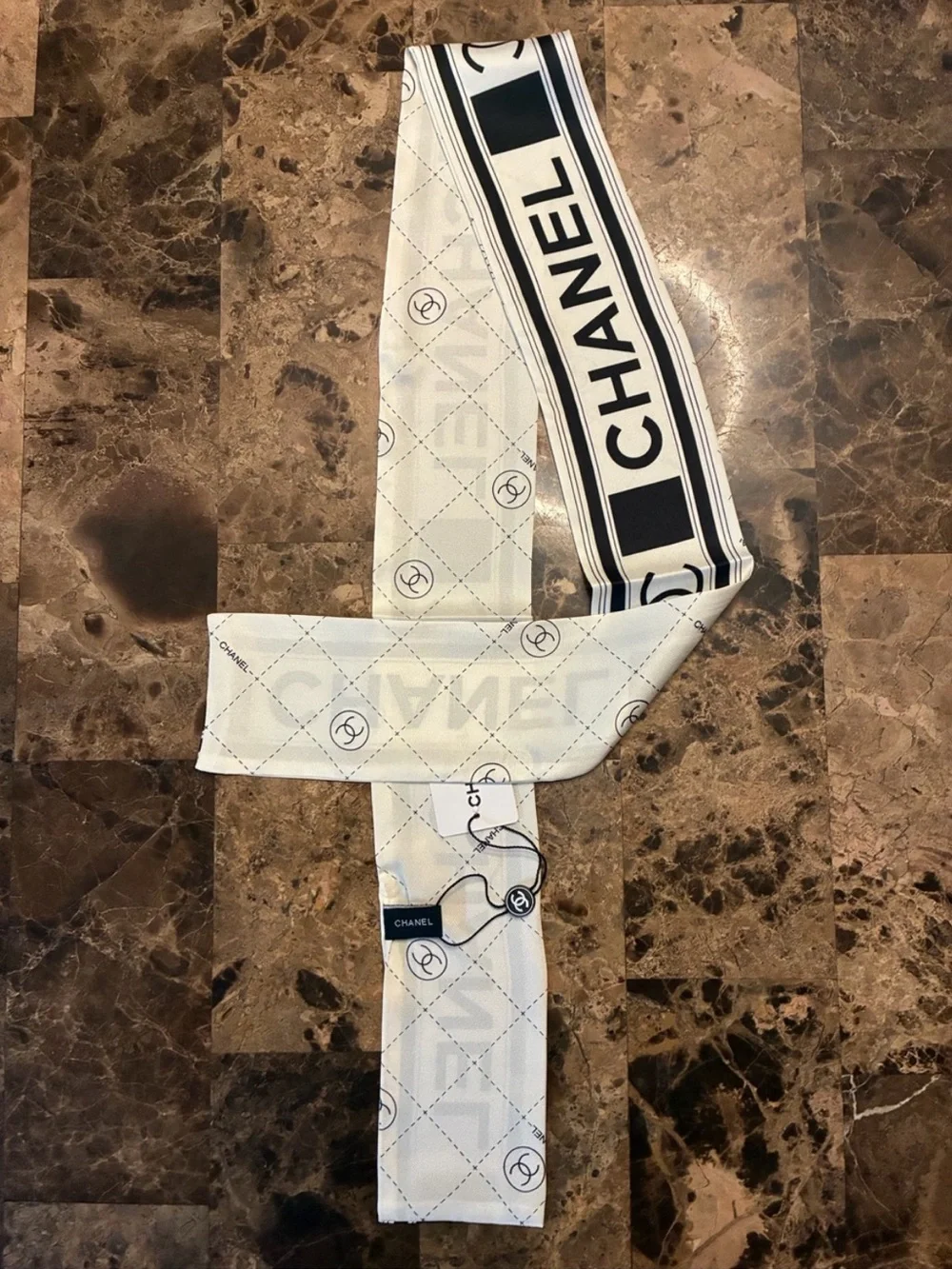 ChaneI Black White Block Spellout Twilly Scarf